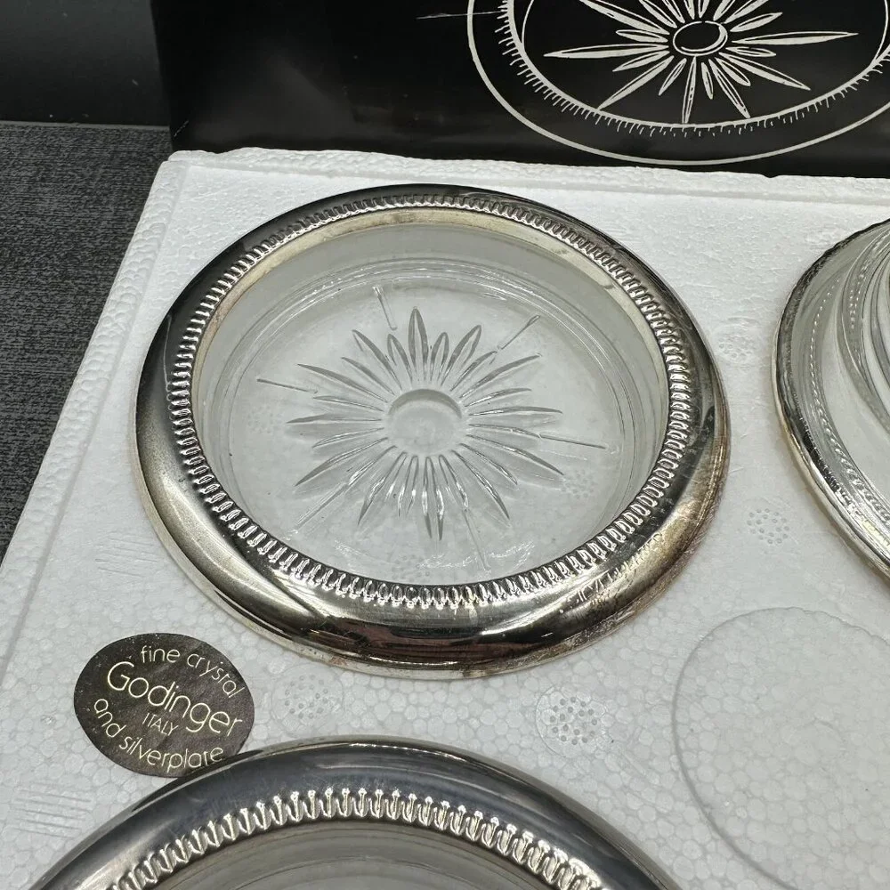 Vtg Godinger Silver Plated Crystal Coasters Starburst Pattern Italy NOS Boxed